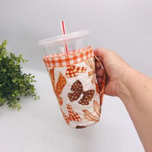 Drink Coozie w Handle Hot or Iced Drinks Cozy Insulated Fall Bows on Cream
